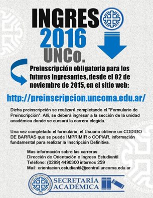 CONTINÚA LA PREINSCRIPCIÓN A LAS CARRERAS PARA EL INGRESO 2016 EN LA UNCO